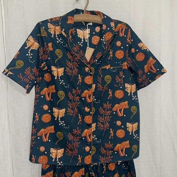 THEIR NIBS S-XL Dark Blue Orange Autumn Cotton Short Sleeve Crop Pants PJ Set - Picture 3 of 16